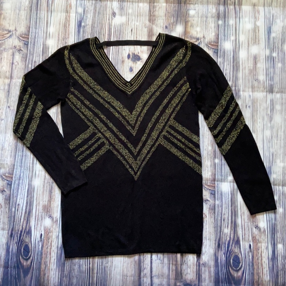 VENUS Black V-Neck Sweater with Gold Metallic Stripes